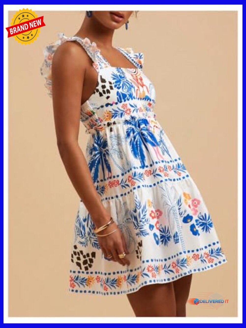 Floral Tropical Graphic Short Dress Ruffle Hem Sleeveless Tank - Picture 2 of 6